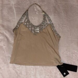 Elegant Beige Halter Top with Crystal Accents